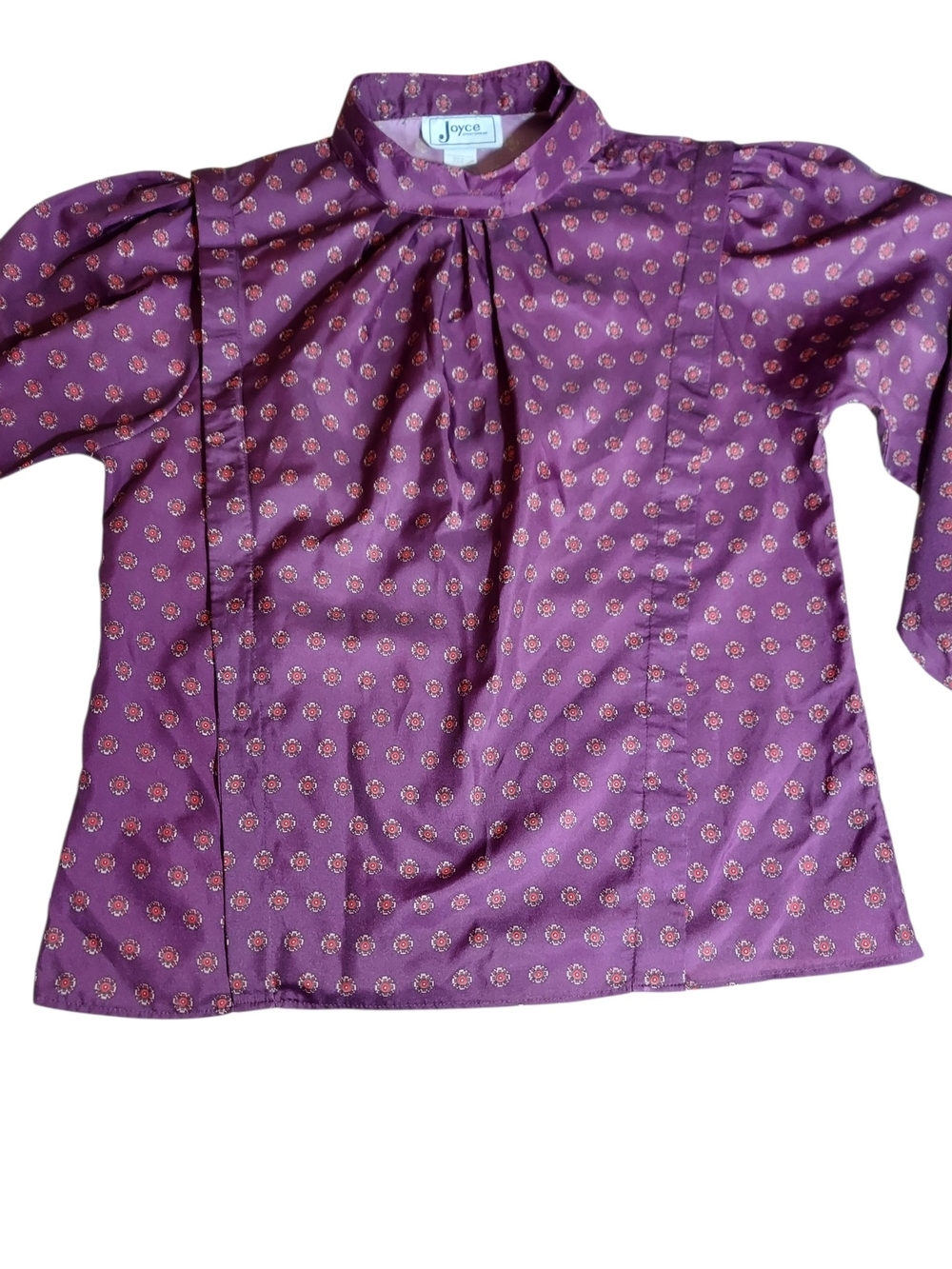 Vintage Joyce Sportswear Purple Mock Neck Pleated Button Blouse USA L - Picture 3 of 12